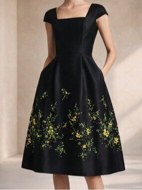 Oscar de la Renta Beaded Silk Cocktail Dress Black A-Line Size 10